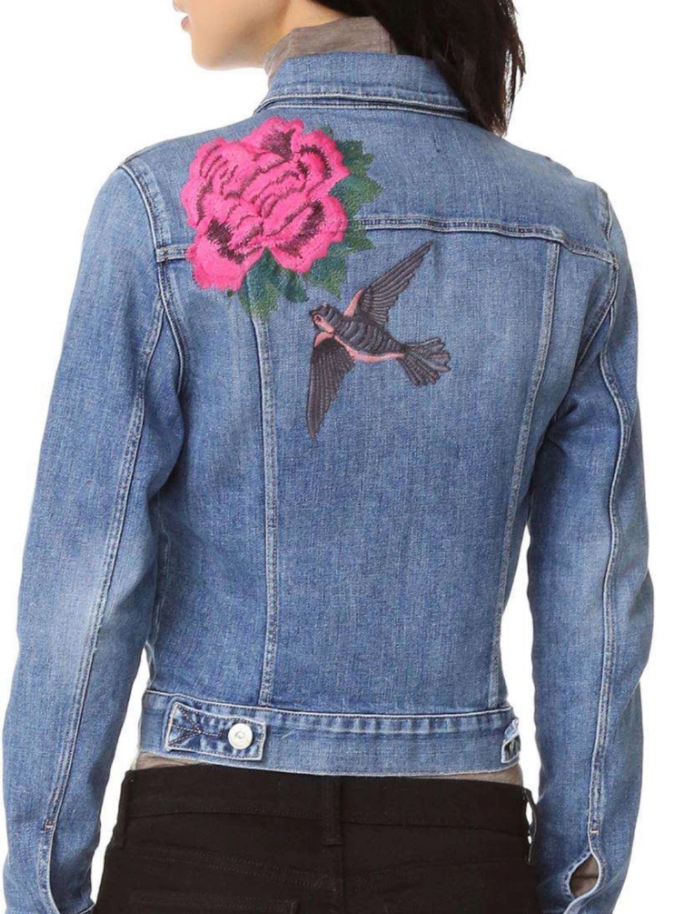3x1 Blue Denim Jacket with Pink Rose & Bird Embroidery